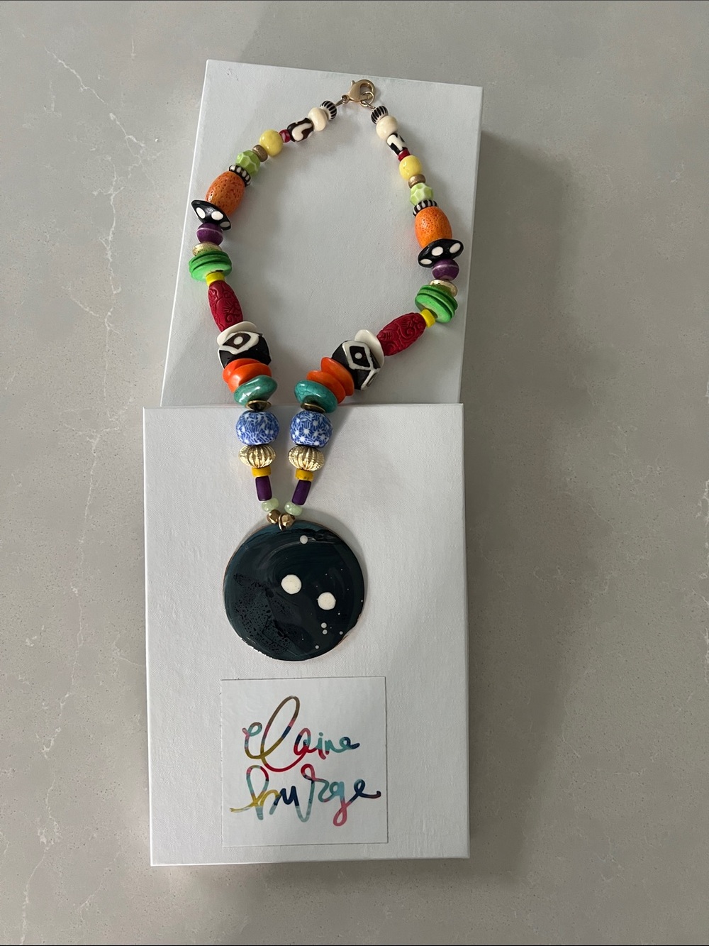 Handmade Multicolor Beaded Necklace with Black Pendant